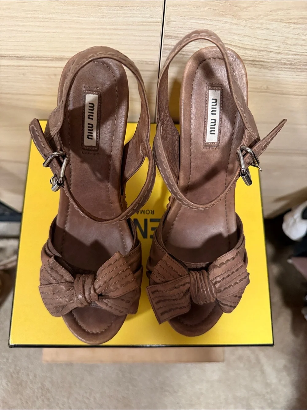 Miu Miu Brown Leather Bow Platform Sandals 39